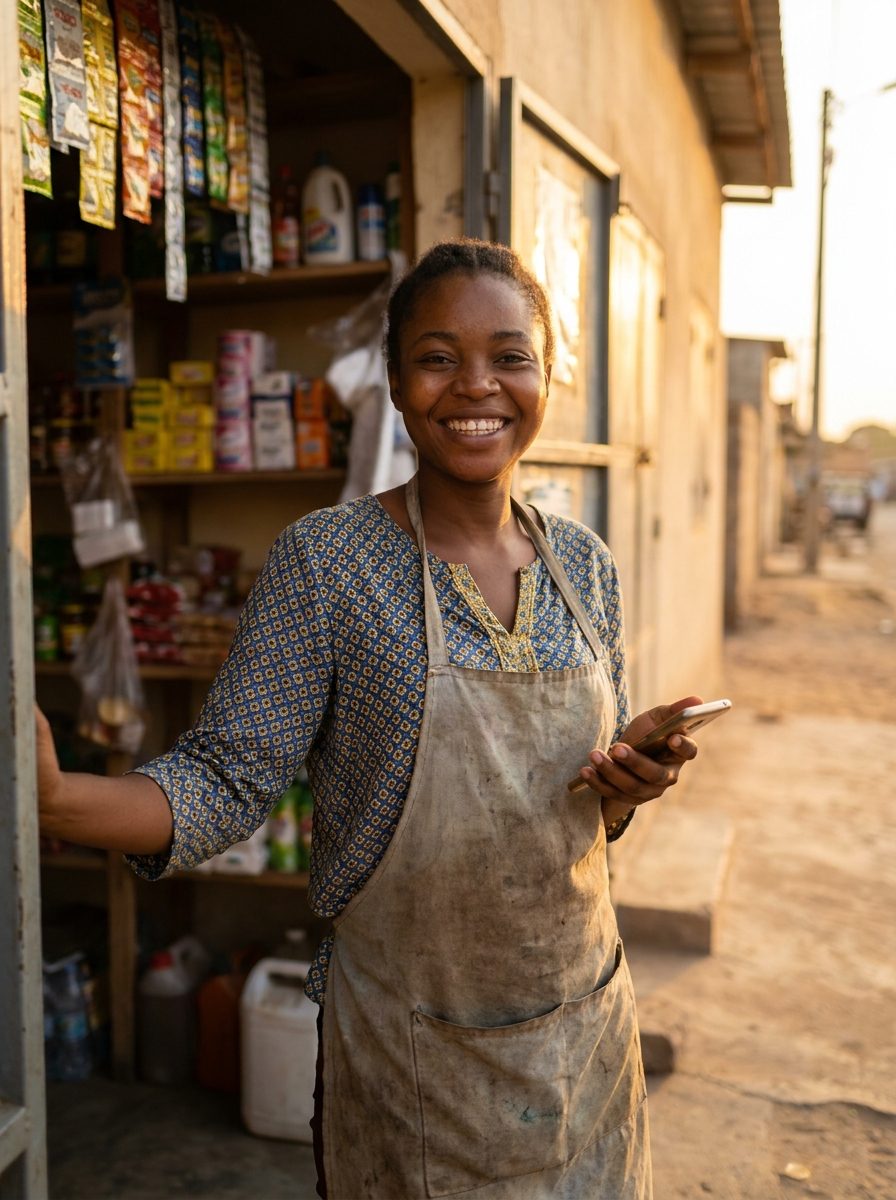 Jovem empreendedora à porta do seu negócio em Luanda